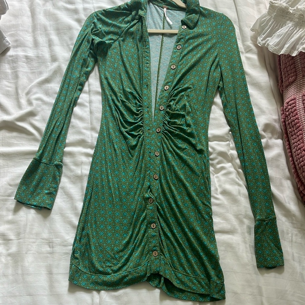 Free People Green Button-Front Mini Dress - Picture 3 of 3